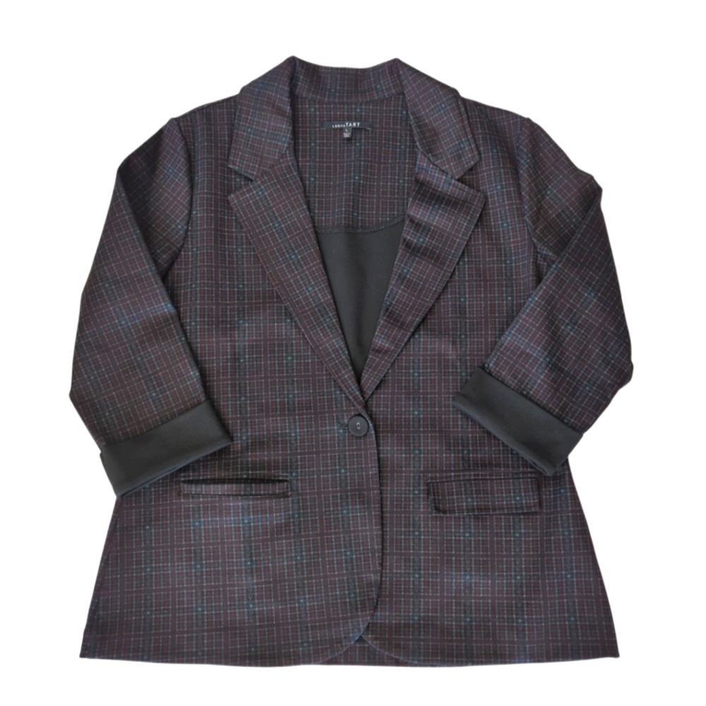 Lemon Tart Plaid Notched Lapel Cuffed Ponte Blazer LARGE Black Gray Burgundy